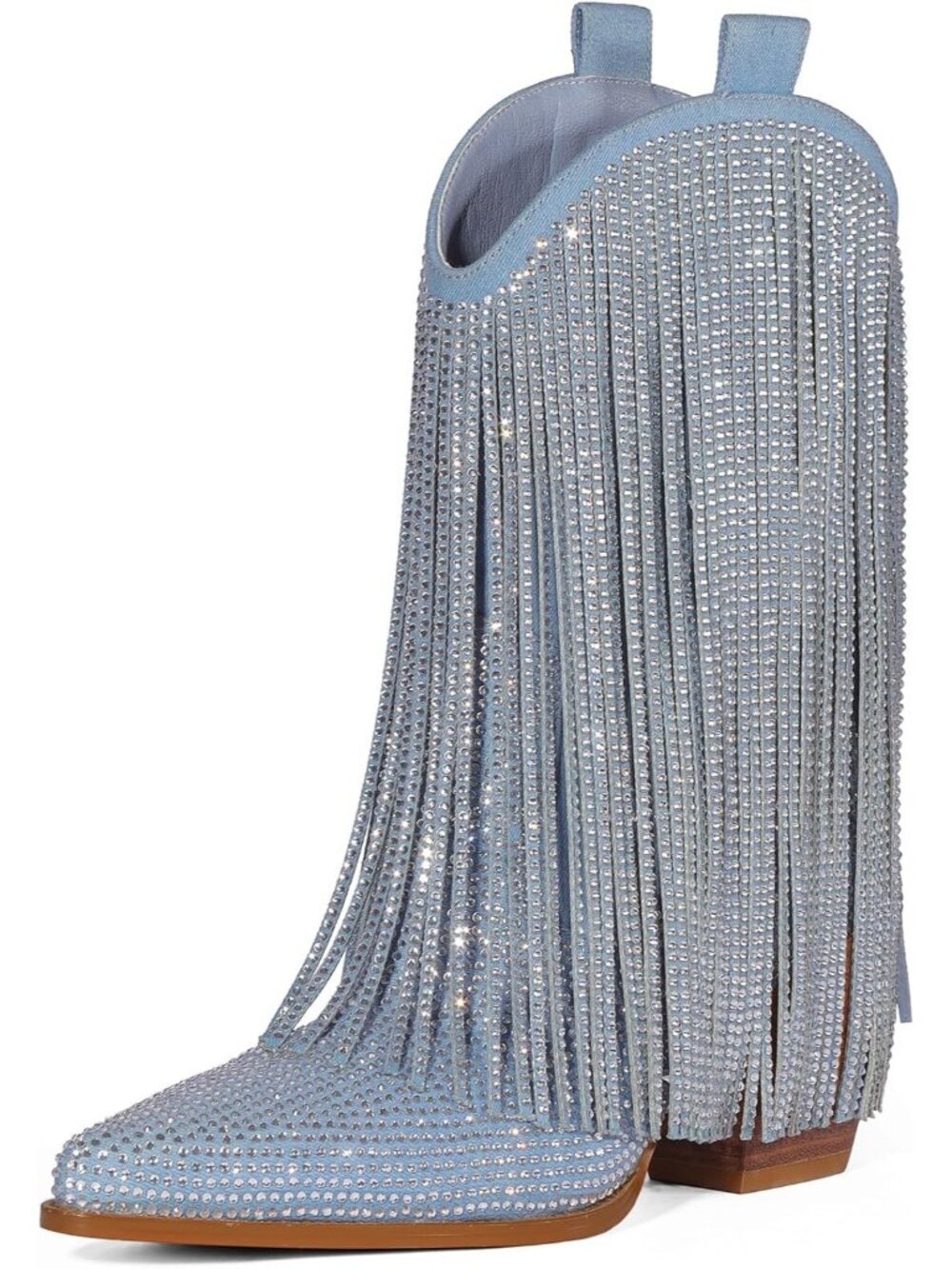Women's Denim Cowgirl Western Rhinestone Sparkly Fringe Chunky Heel Pointed Toe